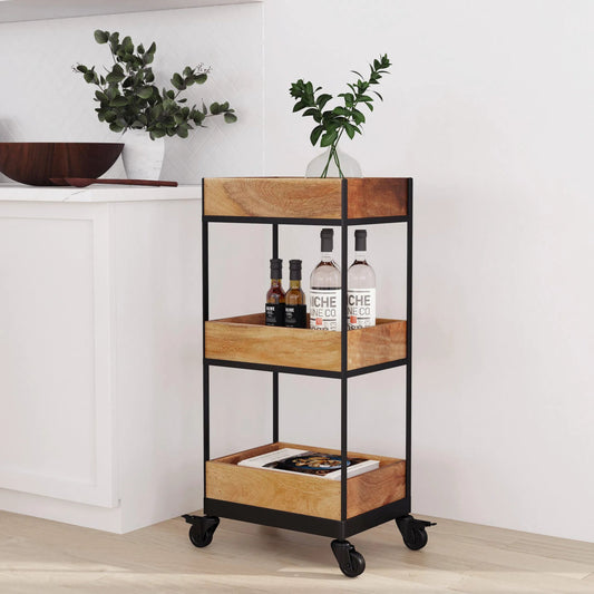 Fulham Rustic 3-Tier Serving Cart by Butler Specialty Company in light brown and natural mango. Made from iron, mango wood in a modern style.