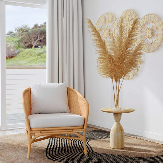 Rattan Upholstered Accent Chair by Butler Specialty Company in natural and natural rattan. Made from rattan, fabric, foam in a cottage & farmhouse style.