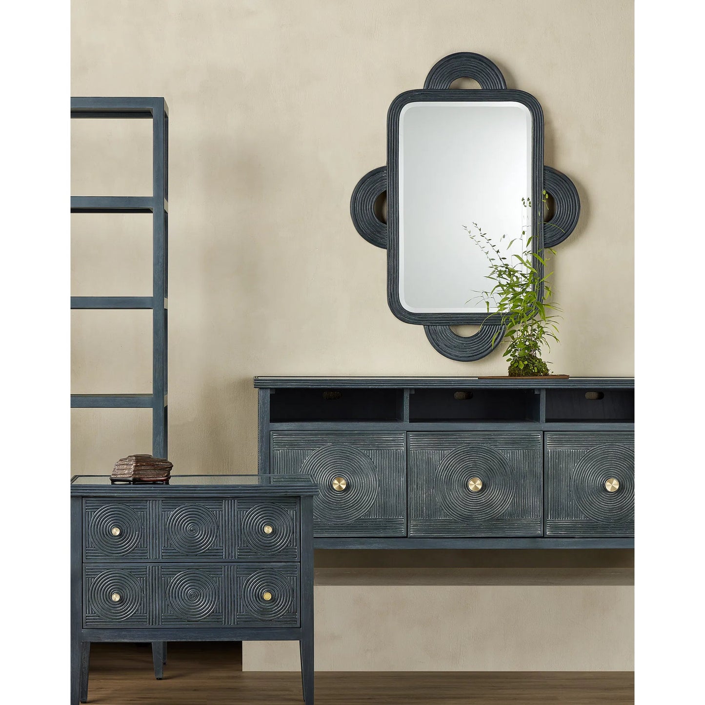 014 SI-1924158 | Lifestyle | Santos Rectangular Mirror by Currey and Company in navy. Made from rattan, mahogany, glass in a modern style.