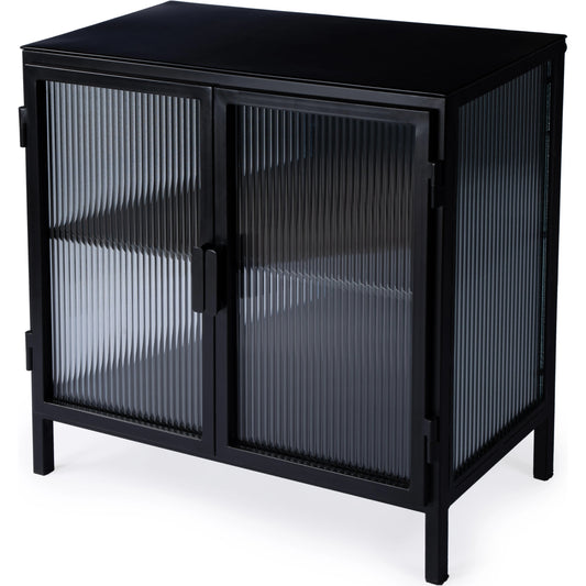 Hoxton Ribbed Glass Accent Cabinet by Butler Specialty Company in black and black metal. Made from iron: 80%, glass: 20% in a modern style.