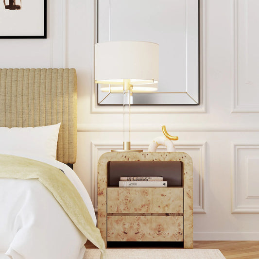 Cora 2 Drawer Nightstand by Butler Specialty Company in light brown and light burl. Made from rubberwood solids, mappa burl veneer, mdf in a transitional style.