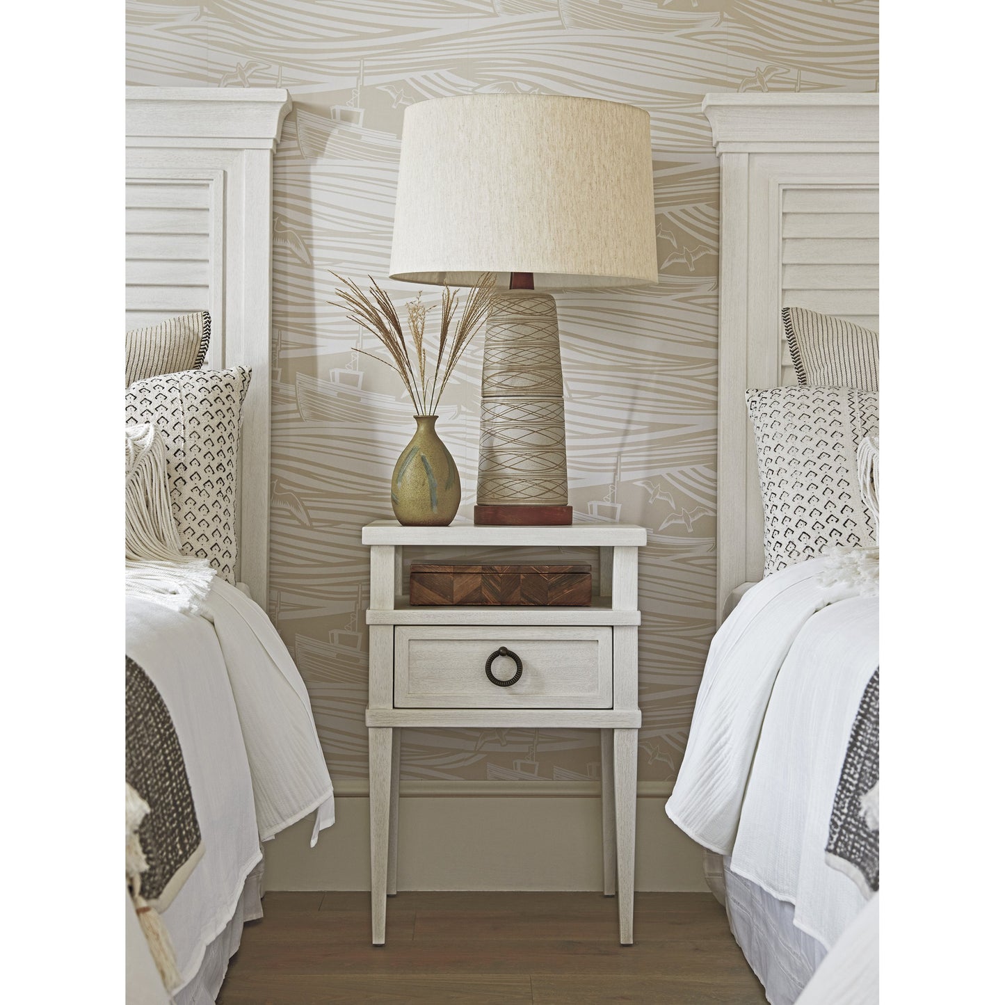 003 SR-836037 | Lifestyle | Collier Night Table by Tommy Bahama Home in crisp white. Made from unique in a transitional style.