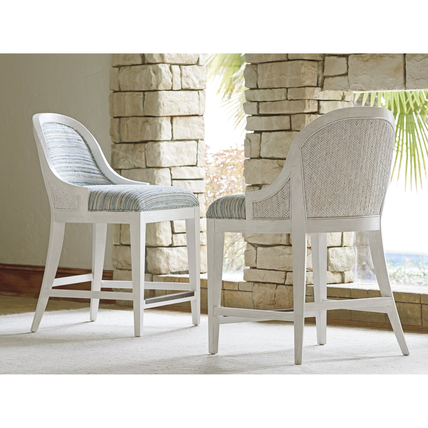 003 SR-836212 | Lifestyle | Lantana Counter Stool by Tommy Bahama Home in sea mist. Made from unique in a cottage & farmhouse style.