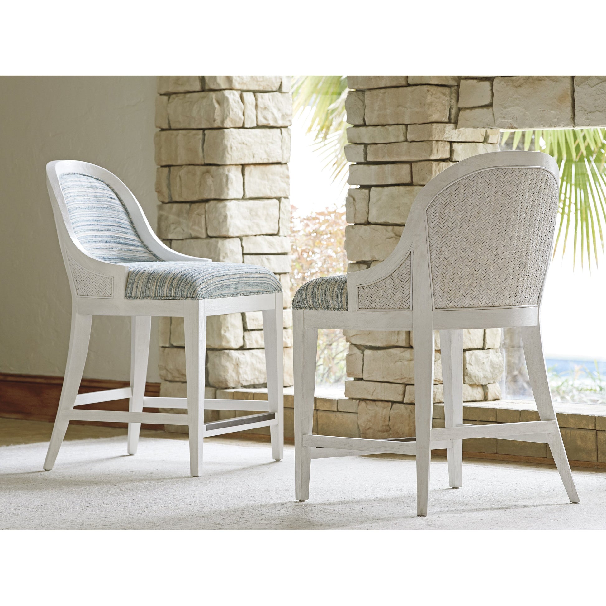 Lantana Counter Stool by Tommy Bahama Home in sea mist. Made from unique in a cottage & farmhouse style.