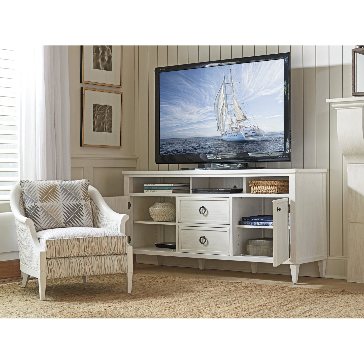 005 SR-836068 | Lifestyle | Dockside Media Console by Tommy Bahama Home in white. Made from unique in a transitional style.
