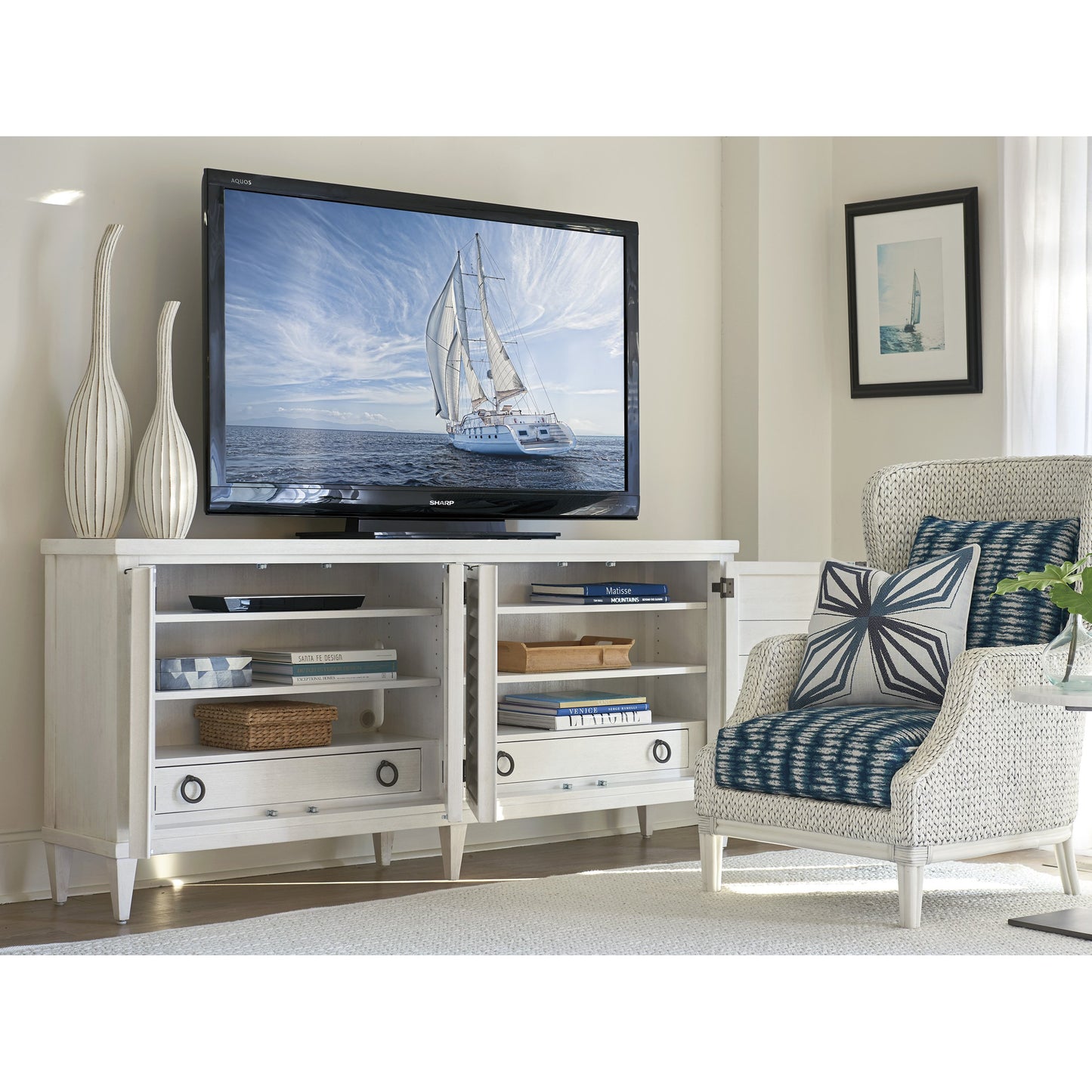 005 SR-836213 | Lifestyle | Lantern Bay Media Console by Tommy Bahama Home in white. Made from unique in a cottage & farmhouse style.