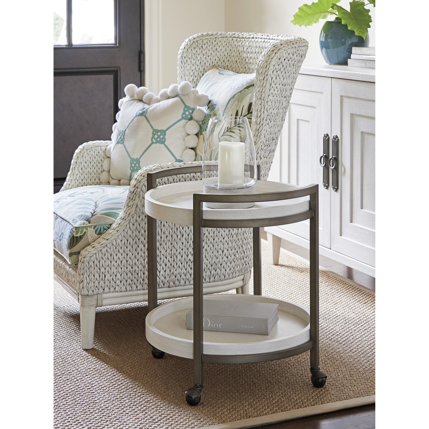 004 SR-836309 | Lifestyle | Osprey Cart End Table by Tommy Bahama Home in white, antique brass. Made from unique in a transitional style.