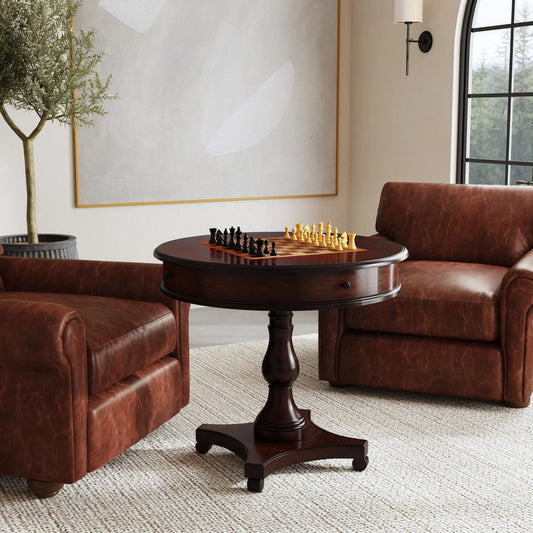 Fredrik Round Game Table by Butler Specialty Company. Made from rubberwood, poplar solids, cherry/maple/walnut veneer, mdf, resin in a traditional style.