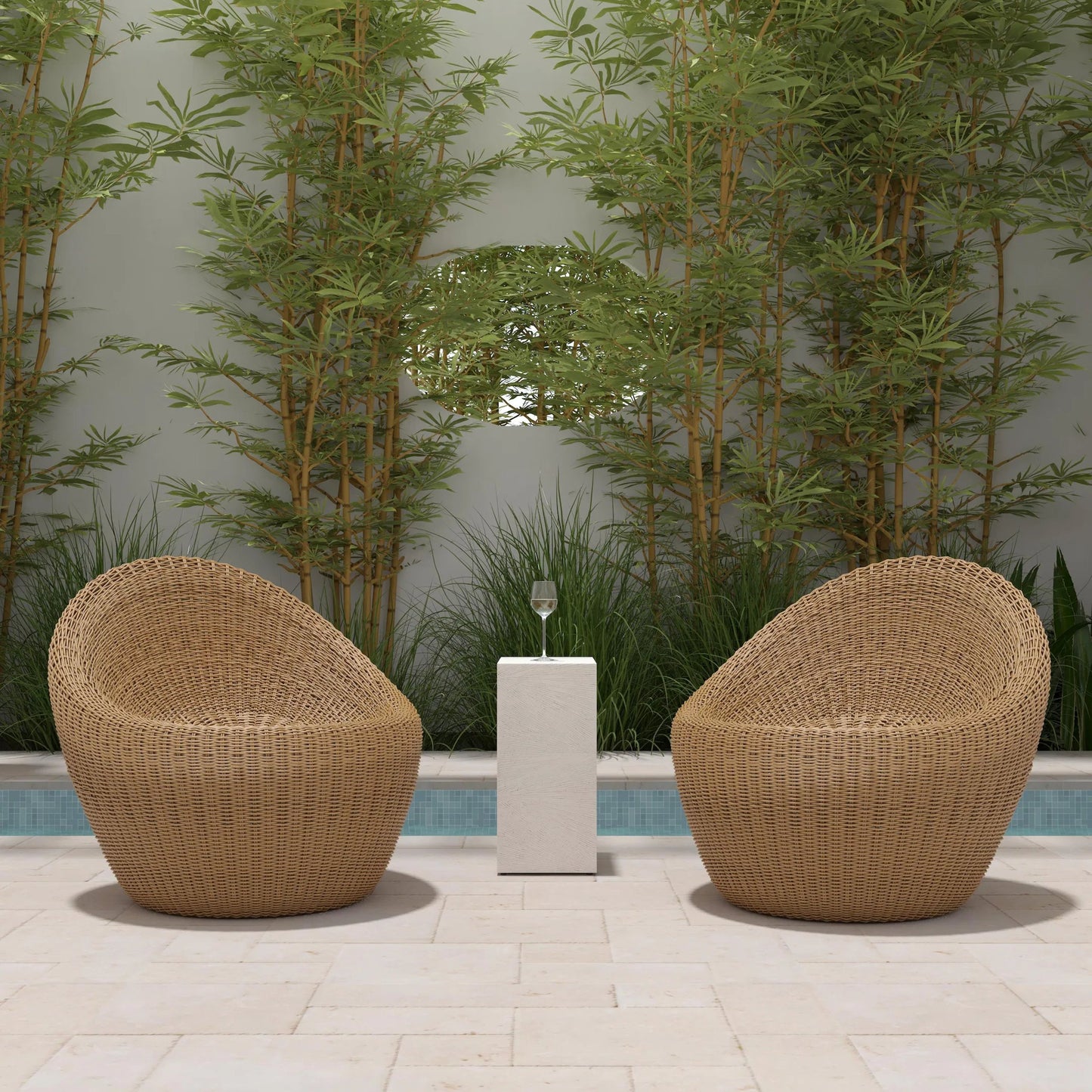 007 SI-2077819 | Lifestyle | Delmar Rattan Outdoor Nest Chair by Butler Specialty Company in natural and natural rattan. Made from aluminum and synthetic rattan in a cottage & farmhouse style.
