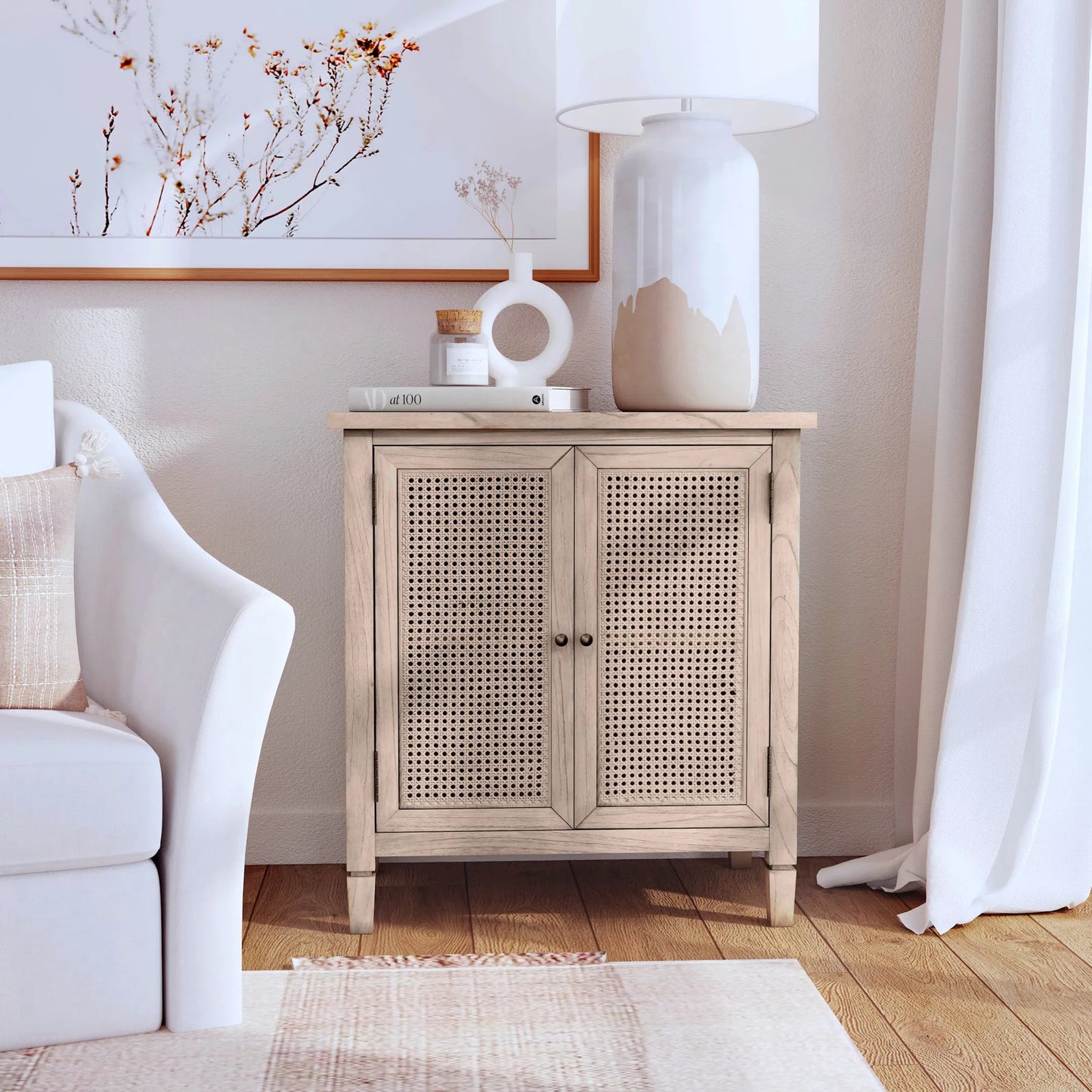 008 SI-2077820 | Lifestyle | Flagstaff 2 Door Cane Cabinet by Butler Specialty Company in natural and desert sand. Made from mindi wood : 20%, mindi veneer 20%, mdf : 60% in a cottage & farmhouse style.