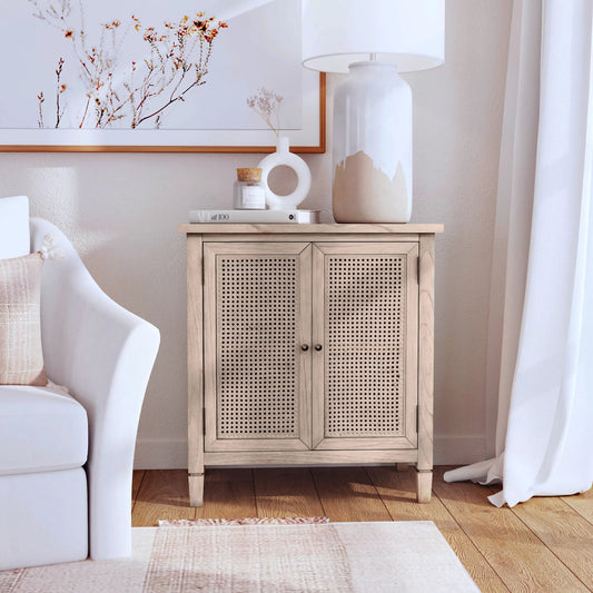 Flagstaff 2 Door Cane Cabinet by Butler Specialty Company in natural and desert sand. Made from mindi wood : 20%, mindi veneer 20%, mdf : 60% in a cottage & farmhouse style.