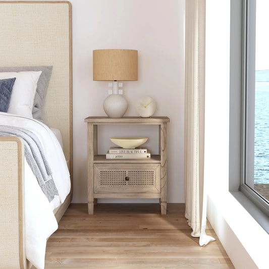Flagstaff 1 Drawer Cane Nightstand by Butler Specialty Company in natural and desert sand. Made from mindi wood, mindi veneer, mdf, cane in a cottage & farmhouse style.