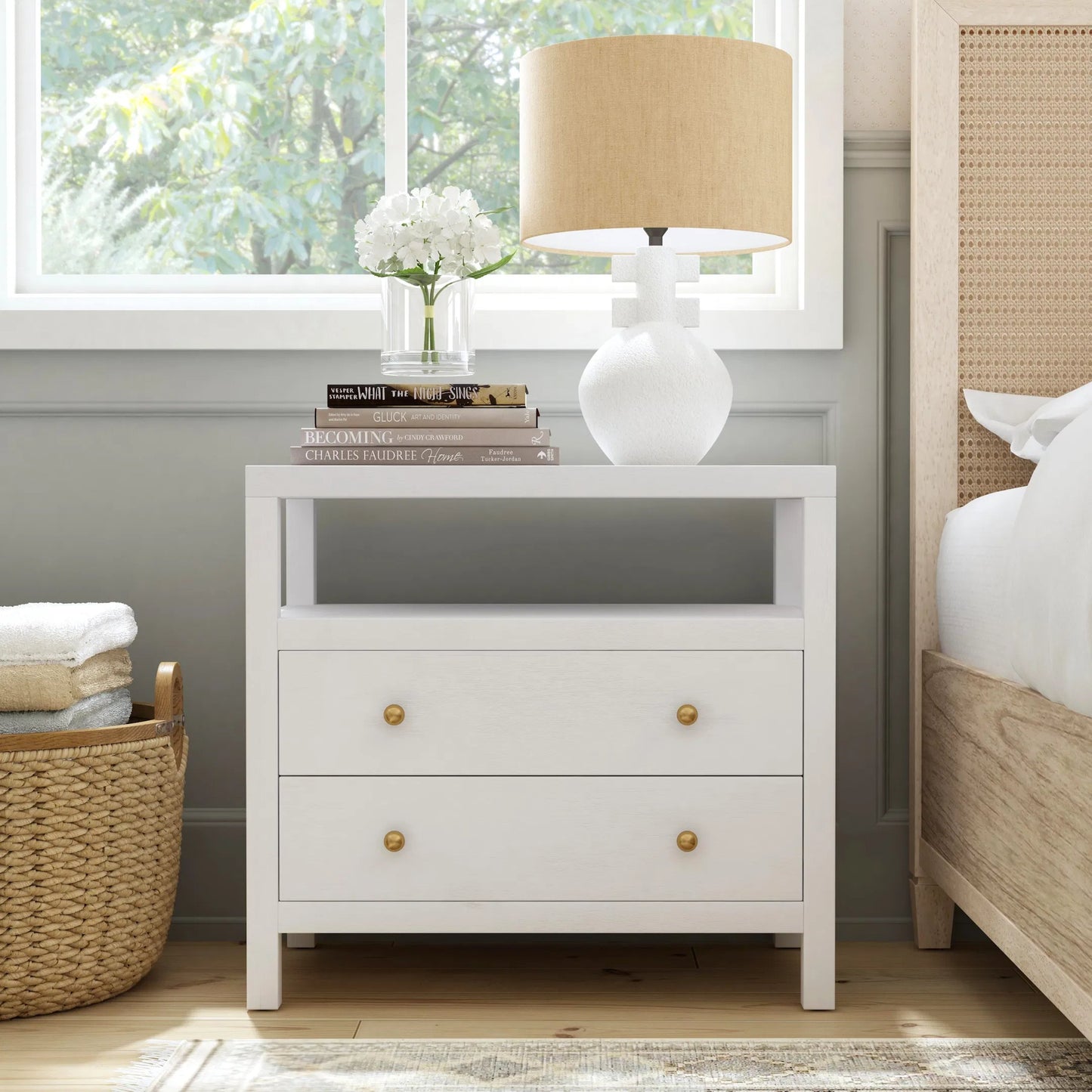 003 SI-2324926 | Lifestyle | Nora 2 Drawer Nightstand by Butler Specialty Company in white. Made from acacia wood, acacia veneer, solid pine, mdf in a unique style.