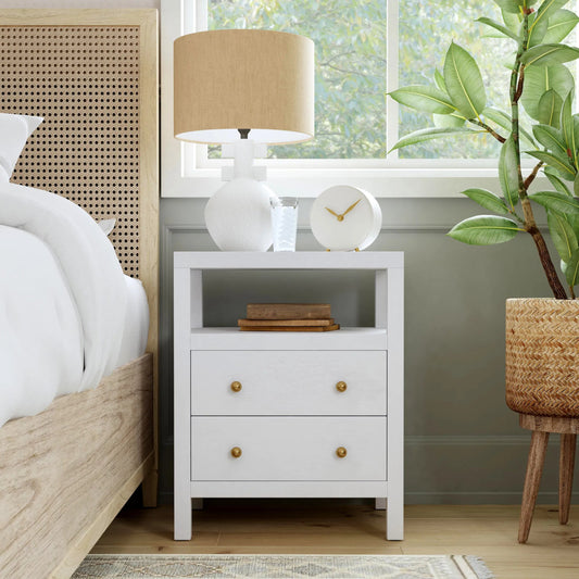 Nora Nightstand by Butler Specialty Company in white. Made from acacia wood: 40%, acacia veneers: 25%, mdf: 25%, pine wood: 10% in a transitional style.