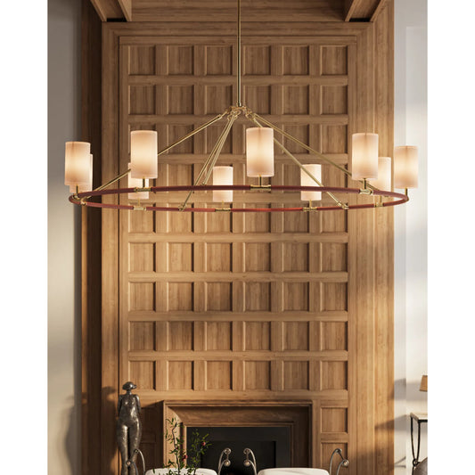 Ellerston Chandelier by Currey and Company in saddle brown, brushed brass. Made from leather, stainless steel, brass in a transitional style.