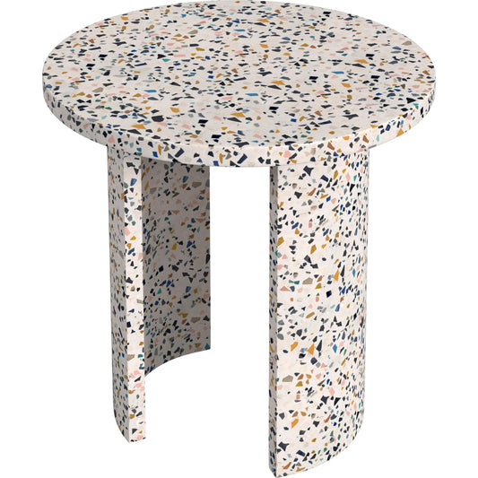 Siesta Outdoor Terrazzo Round Side Table by Butler Specialty Company in white and white terrazzo. Made from resin, aluminum, engineered wood in a modern style.