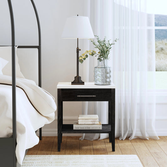 Mayfair Nightstand by Butler Specialty Company in washed black. Made from mindi wood, mindi veneer, mdf, marble top in a modern style.