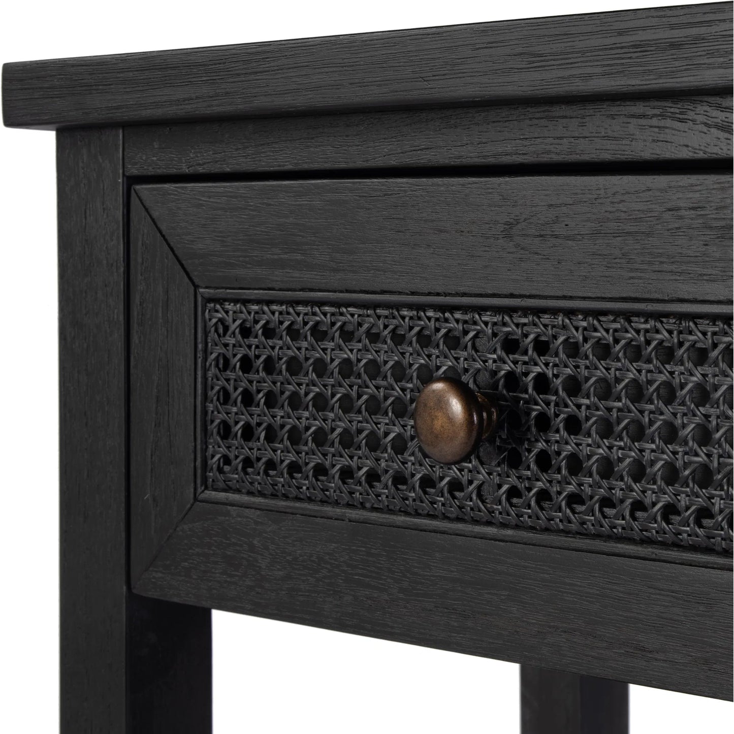 008 SI-2333928 | Closeup | Flagstaff 1 Drawer Nightstand by Butler Specialty Company in black. Made from mindi wood: 70%, mdf: 25%, rattan weave cane: 5% in a unique style.