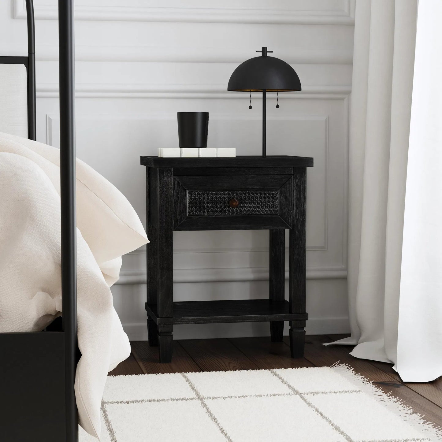 009 SI-2333928 | Lifestyle | Flagstaff 1 Drawer Nightstand by Butler Specialty Company in black. Made from mindi wood: 70%, mdf: 25%, rattan weave cane: 5% in a unique style.