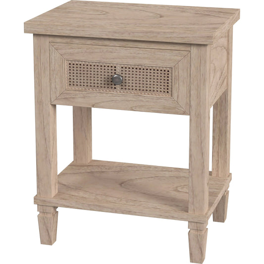 Flagstaff Nightstand by Butler Specialty Company in natural and desert sand. Made from mindi wood: 70%, mdf: 25%, rattan weave cane: 5% in a cottage & farmhouse style.