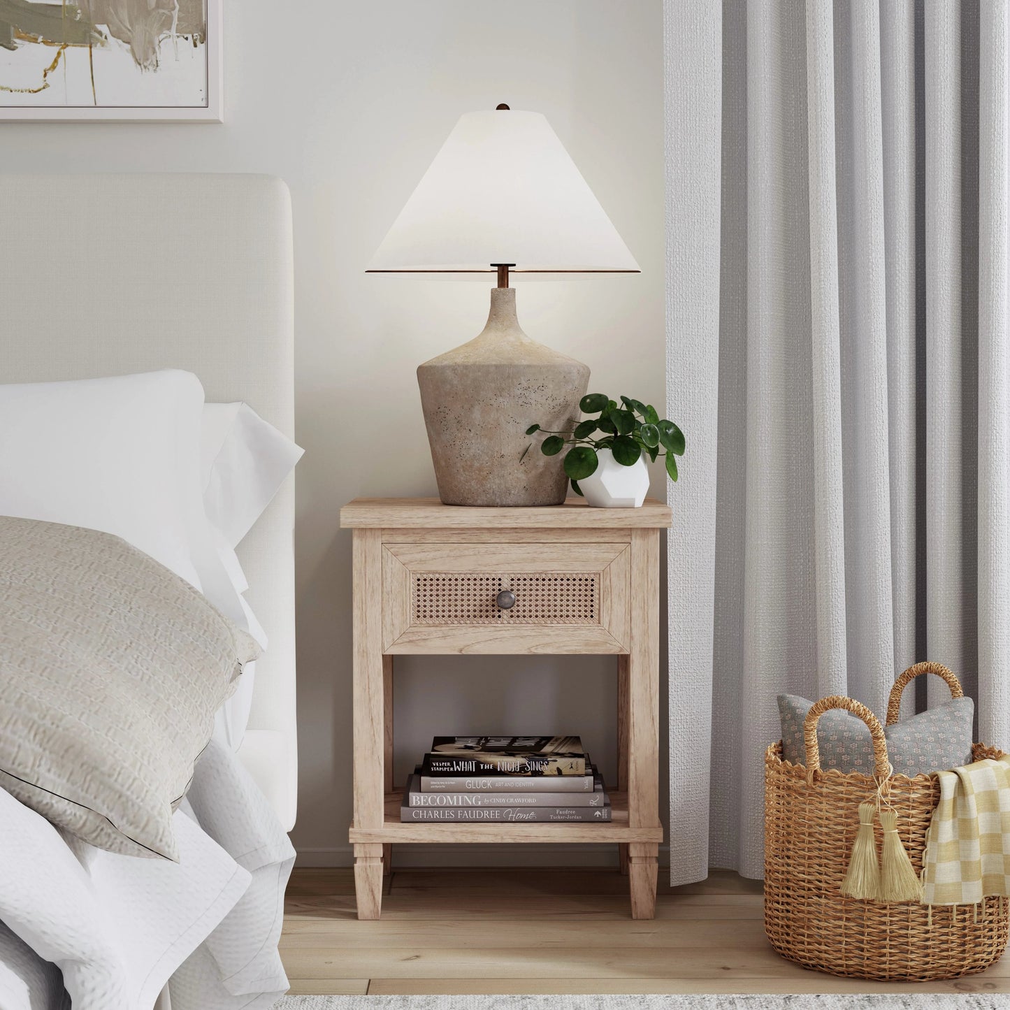 007 SI-2155845 | Lifestyle | Flagstaff Nightstand by Butler Specialty Company in natural and desert sand. Made from mindi wood: 70%, mdf: 25%, rattan weave cane: 5% in a cottage & farmhouse style.
