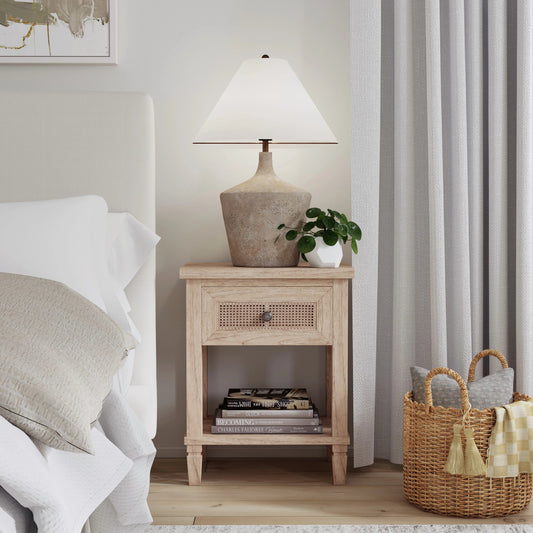 Flagstaff Nightstand by Butler Specialty Company in natural and desert sand. Made from mindi wood: 70%, mdf: 25%, rattan weave cane: 5% in a cottage & farmhouse style.