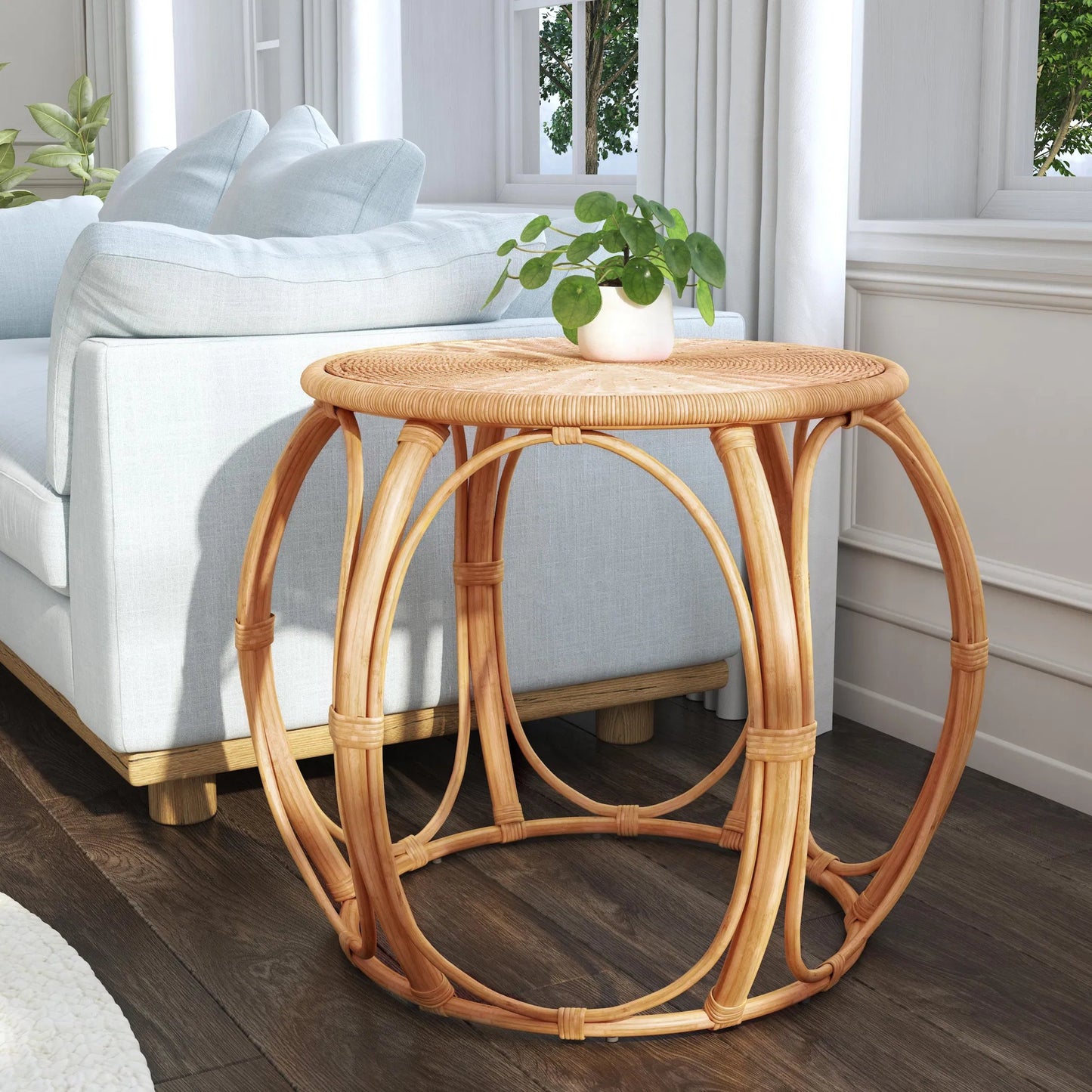 008 SI-2324931 | Lifestyle | Savannah Round Woven Rattan End Table by Butler Specialty Company in natural. Made from rattan in a rustic style.