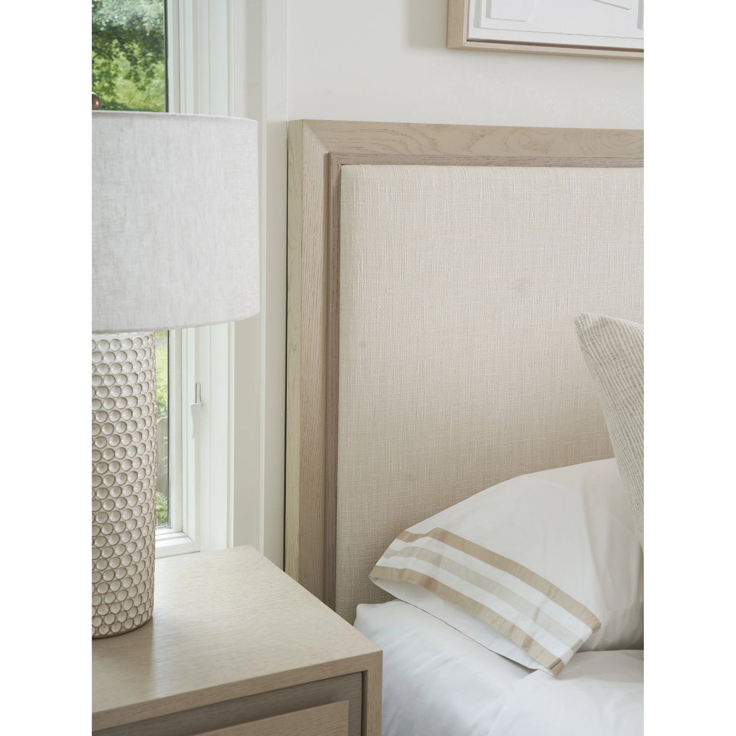002 SI-2136869,SI-2136872,SI-2136875 | Closeup | Grayson Upholstered Headboard by Tommy Bahama Home in sand drift. Made from unique in a modern style.