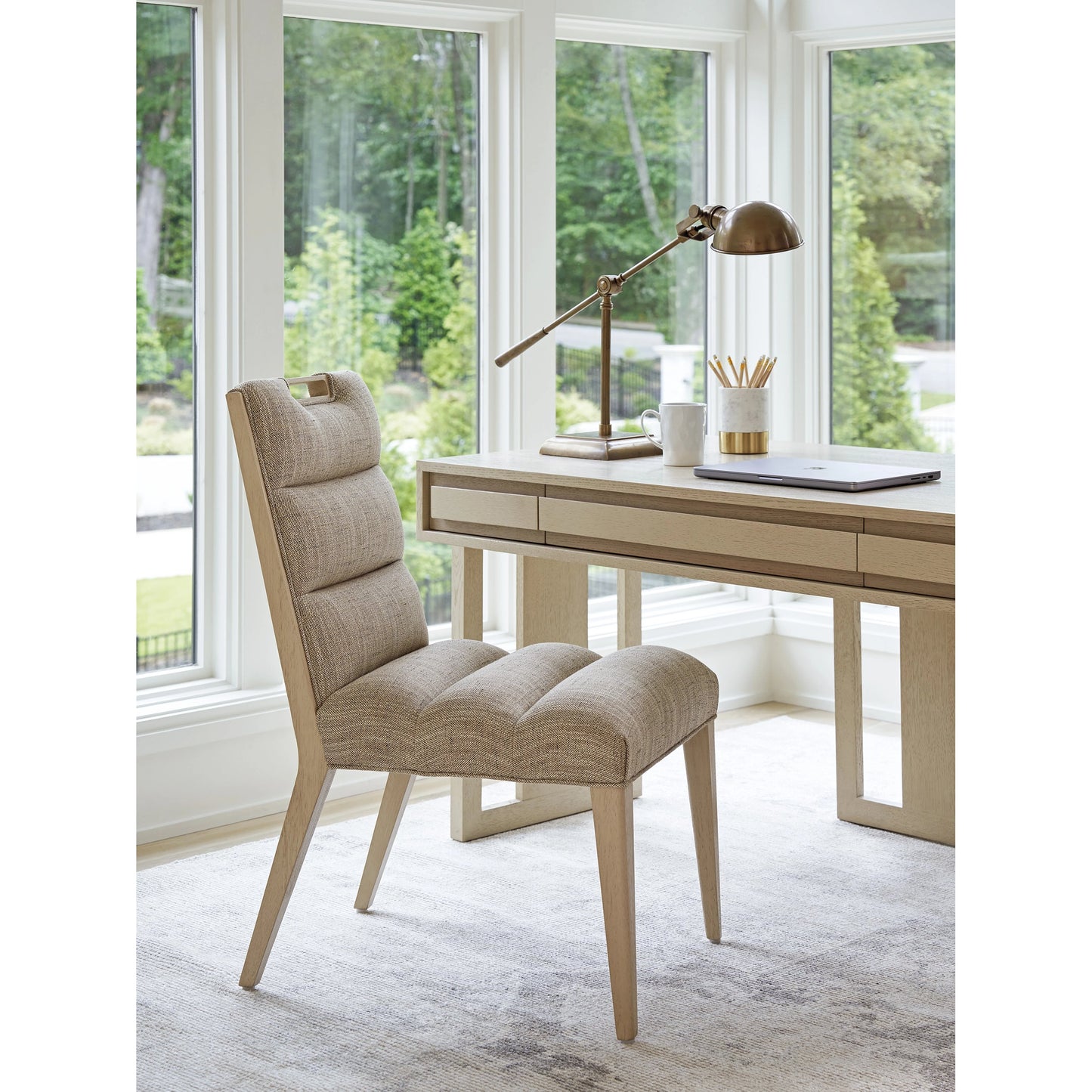 003 SI-2136892 | Lifestyle | Aiden Channeled Upholstered Side Chair by Tommy Bahama Home in sand drift. Made from unique in a modern style.