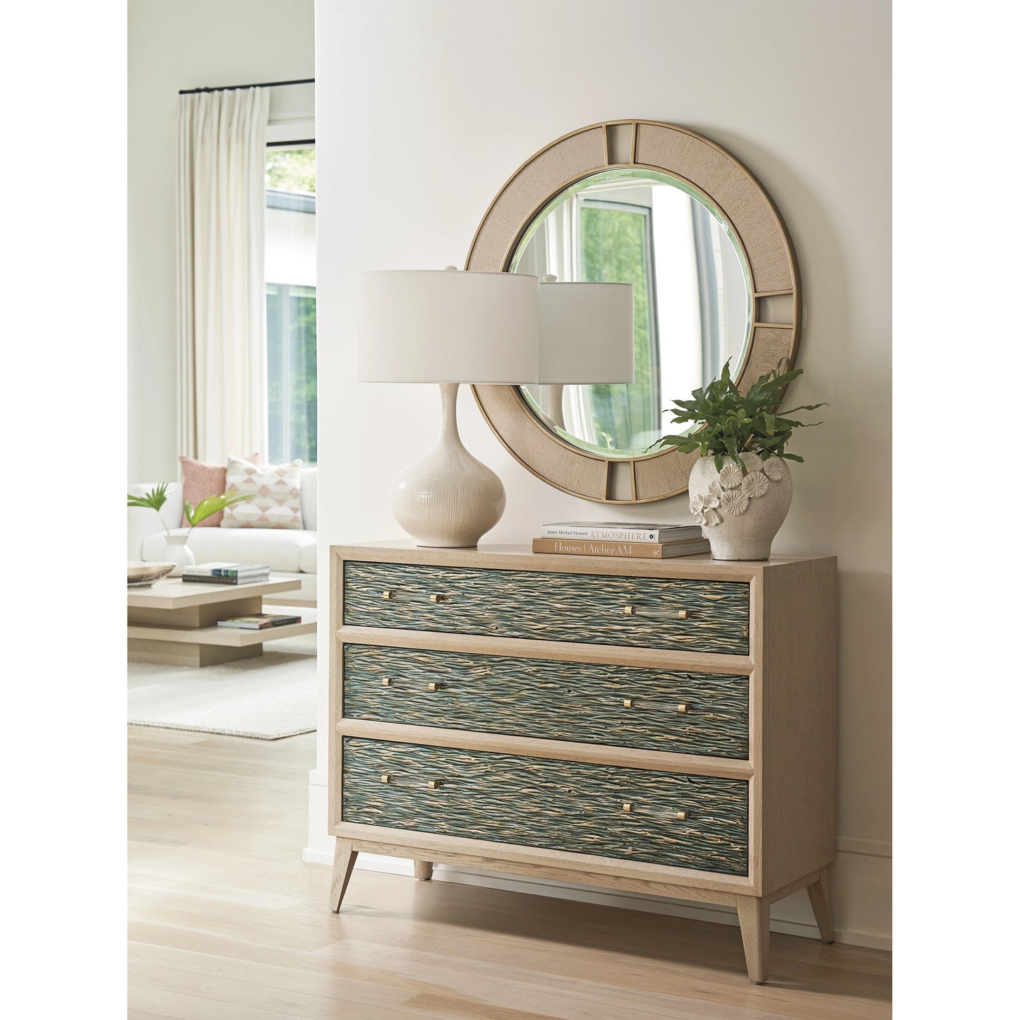 004 SI-2136876 | Lifestyle | Nina Round Mirror by Tommy Bahama Home in sand drift. Made from unique in a cottage & farmhouse style.