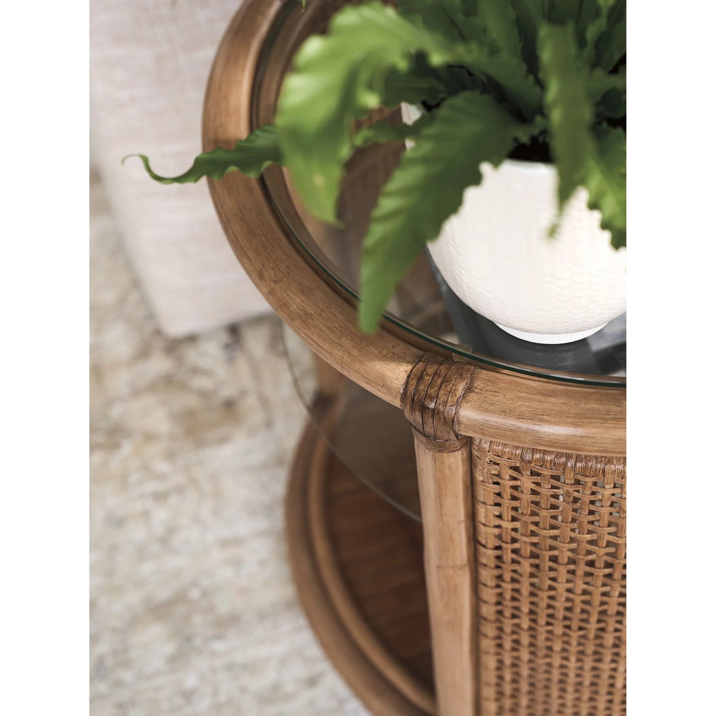 006 SI-2243969 | Closeup | Tortuga Round End Table by Tommy Bahama Home in sunwashed. Made from unique in a unique style.