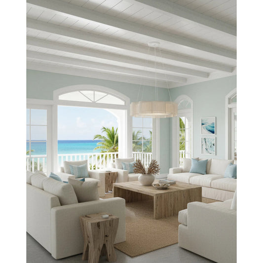 Ancroft Chandelier by Currey and Company in white, contemporary silver leaf. Made from wrought iron, kraft paper twine in a cottage & farmhouse style.