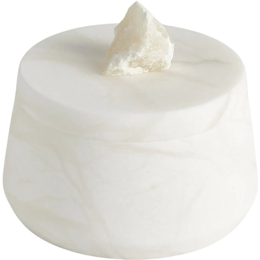 000 SI-2445749 | Primary Silo | Alabaster Tapered Round Box with Rock Finial by Global Views in white. Made from alabaster in a modern style.