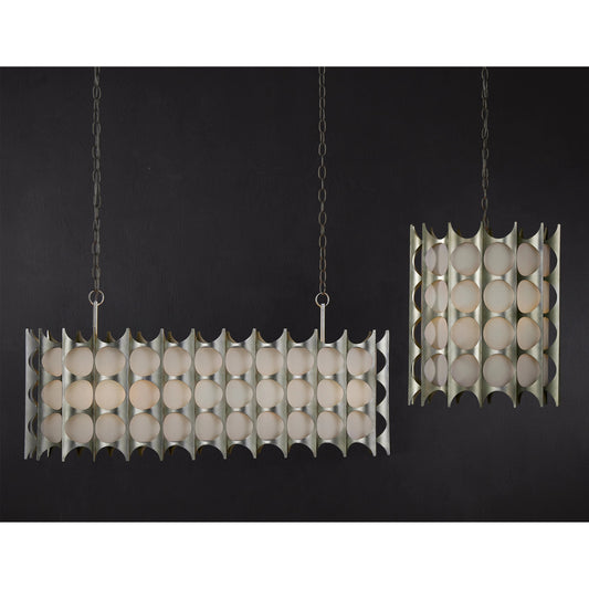 Bardi Oval Chandelier by Currey and Company in contemporary silver leaf. Made from wrought iron in a modern style.