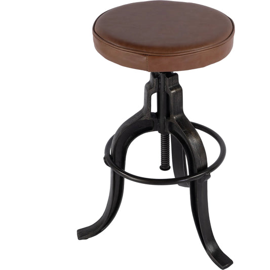 Knight Adjustable Height Leather & Iron Bar Stool by Butler Specialty Company in brown. Made from iron, leather, plywood in a traditional style.