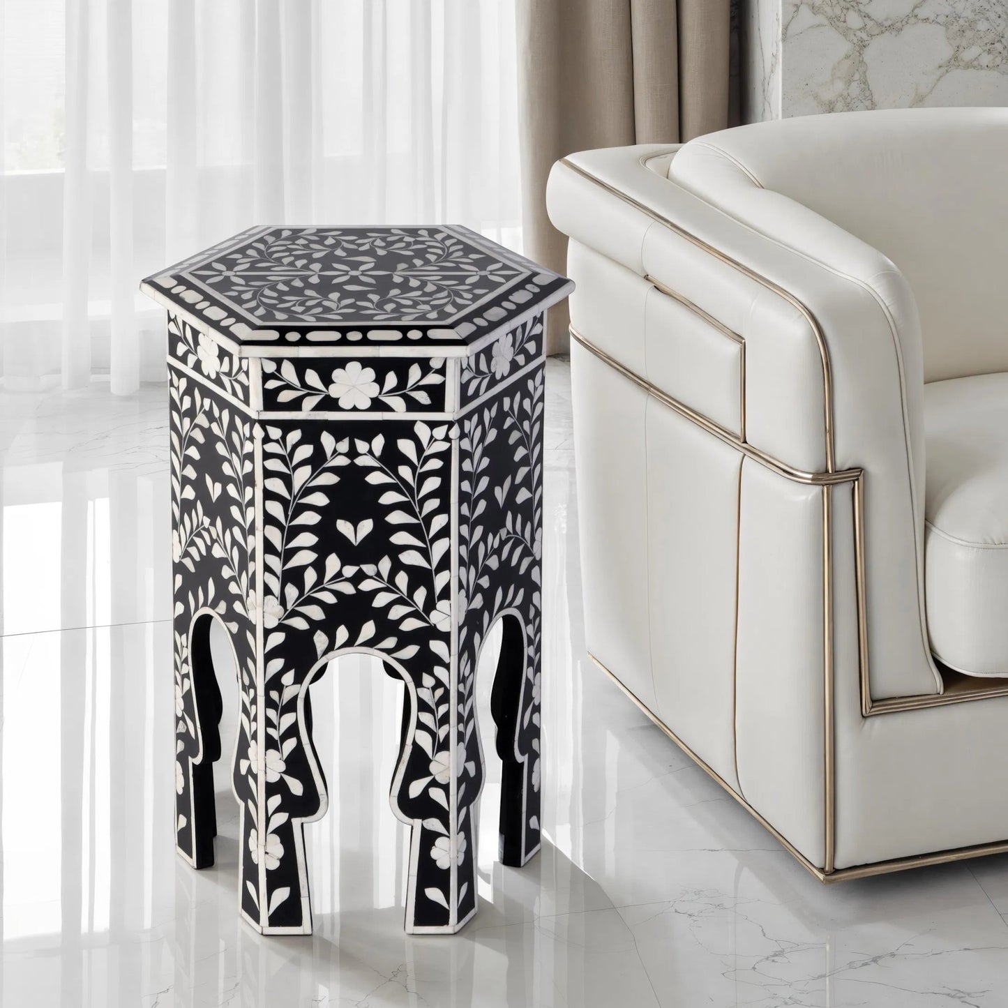006 SI-2458674 | Lifestyle | Amaya Side Table by Butler Specialty Company in black, white and black bone. Made from mdf, resin, bone-inlay in a traditional style.