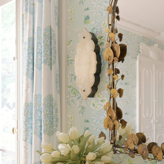 Andalusia Wall Sconce by Currey and Company in hiroshi gray, sugar white, natural stone. Made from wrought iron, laminated quartz in a modern style.