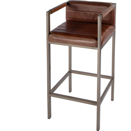 Dennis Leather Bar Stool by Butler Specialty Company in brown. Made from iron, leather in a traditional style.
