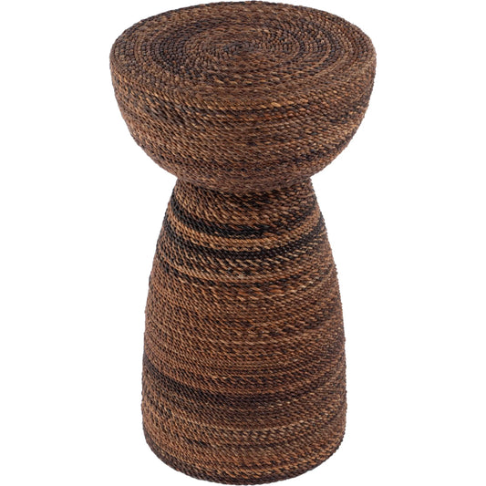 Bagshawe Abaca Rope Inlay Drum Side Table by Butler Specialty Company in brown. Made from gmelina wood, abaca rope inlay in a rustic style.