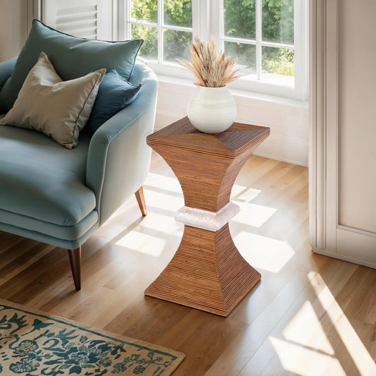 Marikit Side Table by Butler Specialty Company in heritage brown. Made from gmelina solids, arorog inlay, kabibi shell, plywood in a rustic style.