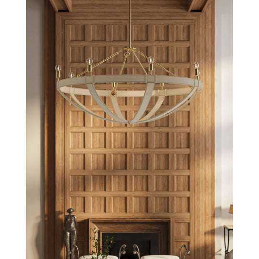 Barrington Chandelier by Currey and Company in cream, brushed brass. Made from leather, stainless steel, brass in a transitional style.