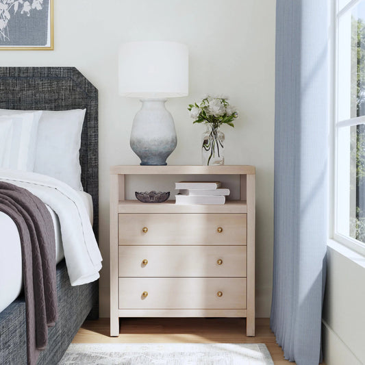 Nora 3-Drawer Tall Nightstand by Butler Specialty Company in antique taupe. Made from mdf, acacia wood, pine wood, plywood, veneers in a transitional style.
