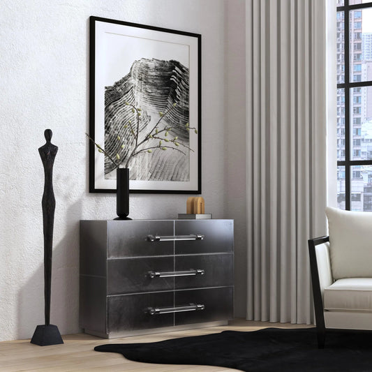 Allman Accent Chest by Butler Specialty Company in silver. Made from mdf, genuine leather, acrylic hardware in a unique style.