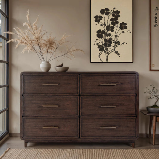 Keenan Dresser by Butler Specialty Company in brown sugar espresso. Made from mdf, mindi, mindi veneer, laminated veneer lumber, plywood in a traditional style.