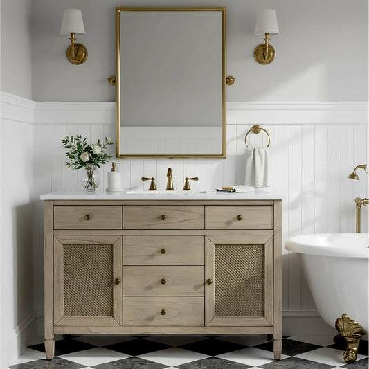 Flagstaff Bathroom Vanity by Butler Specialty Company in desert sand. Made from mdf, mindi, quartz, pine, ceramic, plywood, composite wood, veneer in a transitional style.