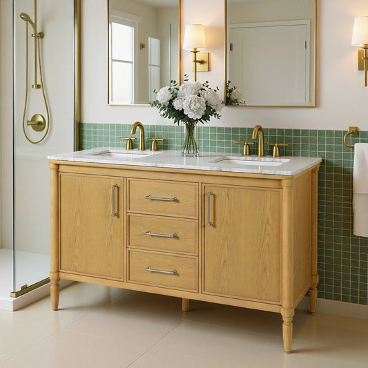 Bianca Bathroom Vanity by Butler Specialty Company in light oak. Made from mdf, eucalyptus, marble, pine, ceramic, plywood, composite wood, veneer in a transitional style.