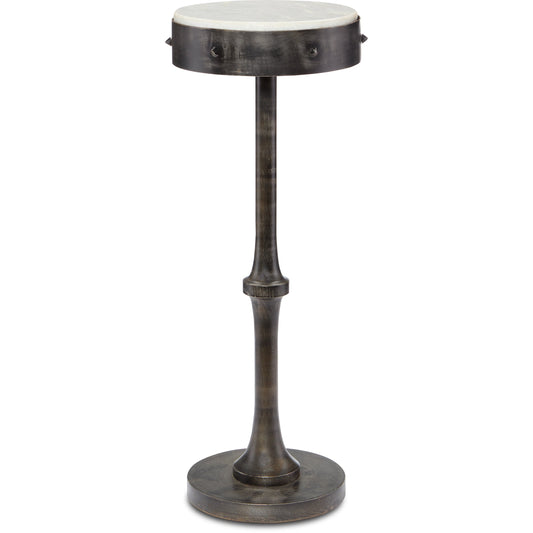 Helios Drinks Table by Currey and Company in antique black, white. Made from wrought iron, marble in a transitional style.