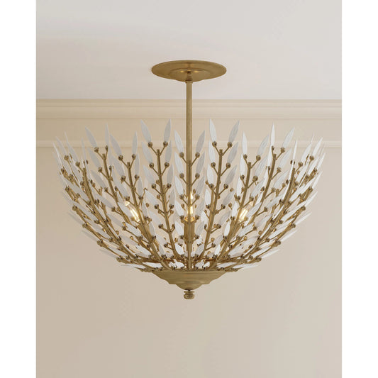 Magnum Opus Semi-Flush Mount by Currey and Company in brass, white. Made from wrought iron, glass in a modern style.