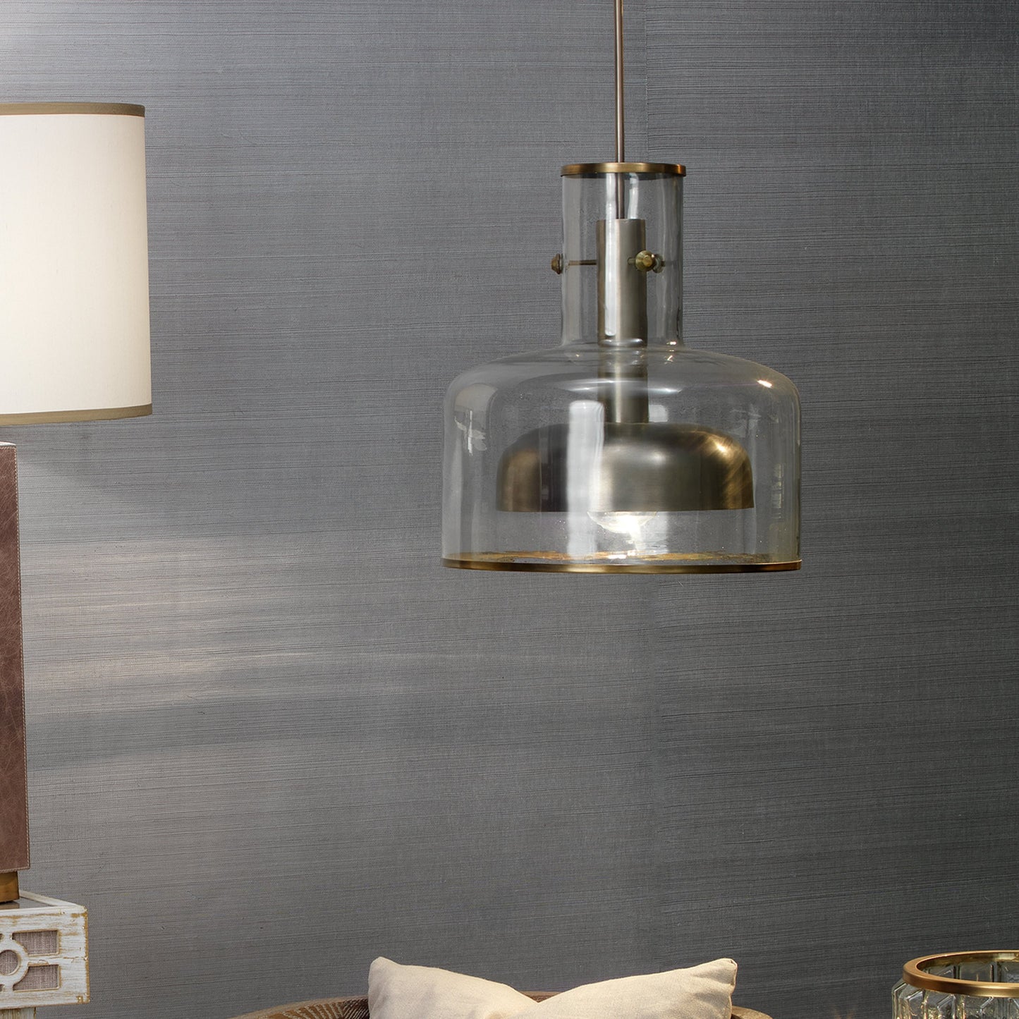005 S-291874 | Lifestyle | Clyde Pendant by Jamie Young in clear with gun metal. Made from glass in a modern style.