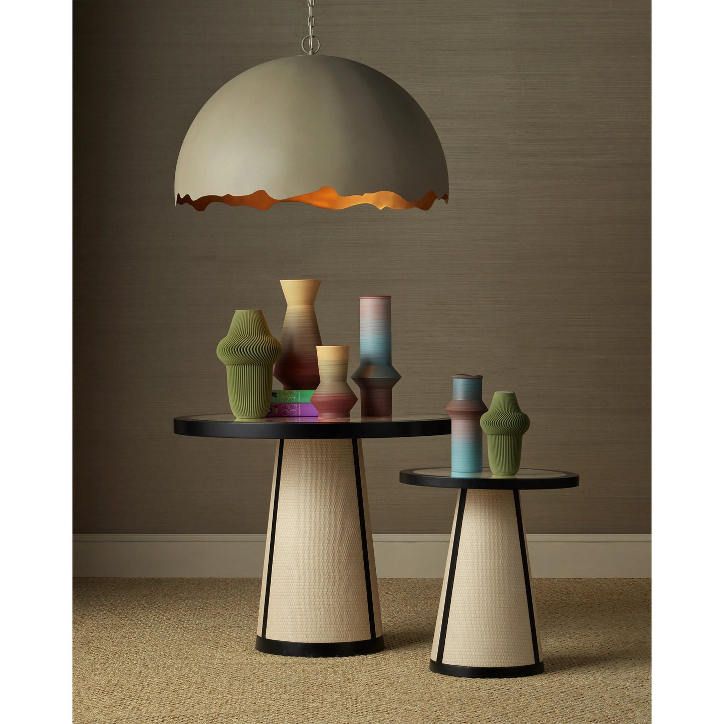 011 SI-2191698 | Lifestyle | Deanna Raffia Accent Table by Currey and Company in ivory, black, clear. Made from raffia, okume veneer, tempered glass in a modern style.